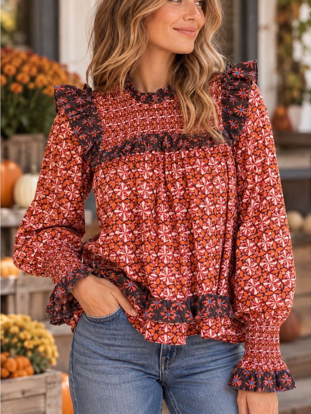 Love The Label M Smocked Ruffled Top Cotton Rust-Orange Print Fall Boho Folk